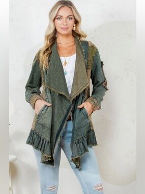 NWT YOUNG THREADS WESTERN BOHO PATCHED DENIM SHRUG in Gravel sz S